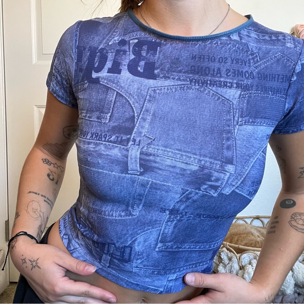 SOLD Vintage Mesh Denim Pattern Top - Picture 2 of 6